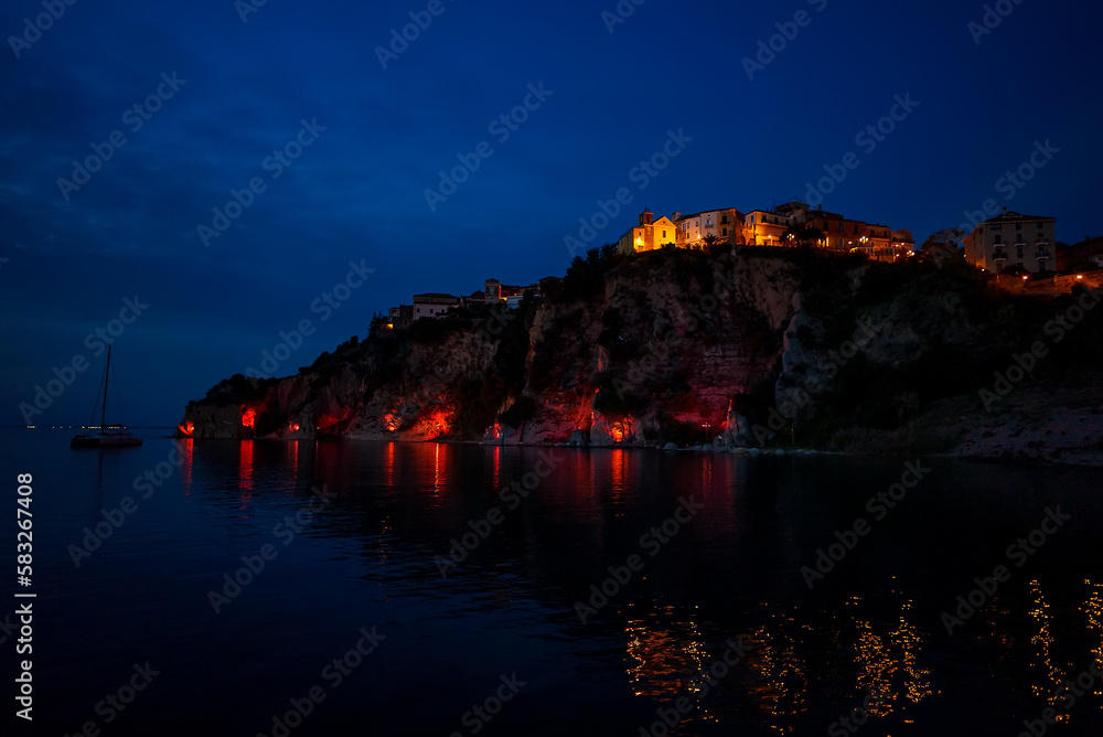 Old city on a rock in Agropoli in the evening.