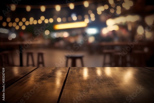 Wooden tabletop in the background of a blurry night bar, pub, cafe or restaurant, generative ai © inspiretta