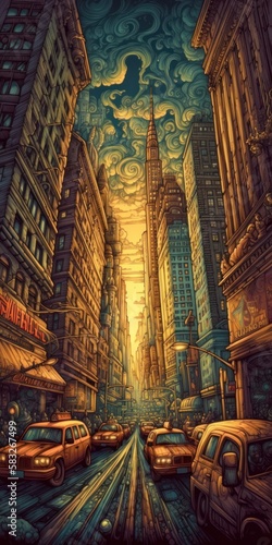 illustration of the sunset lineing up perfectly with Manhattan’s streets, Manhattanhenge, iconic artwork with saturated color