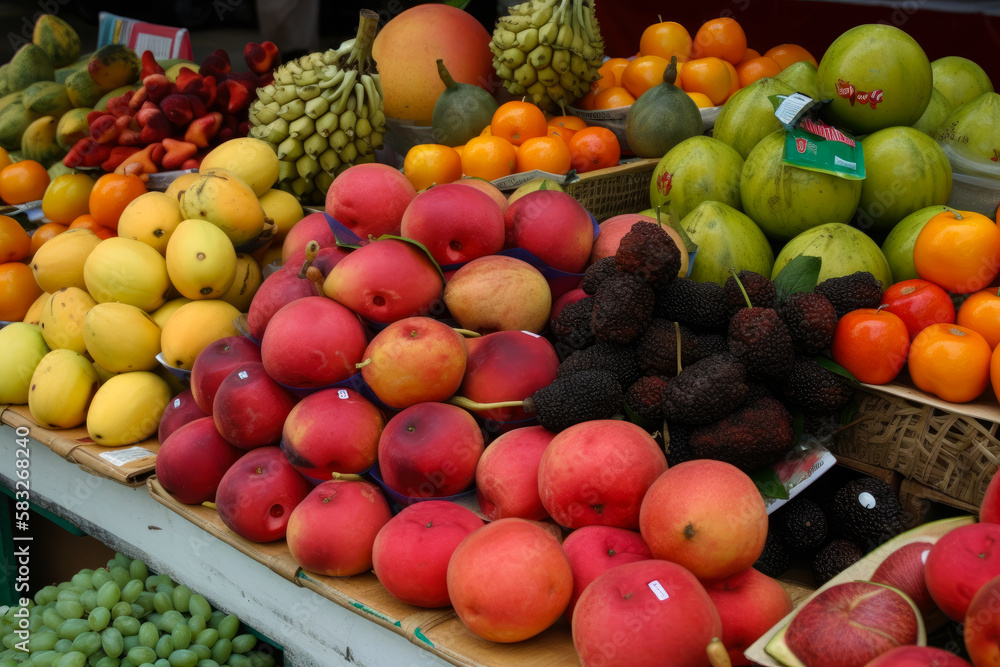 Various fresh fruits arranged at the market
