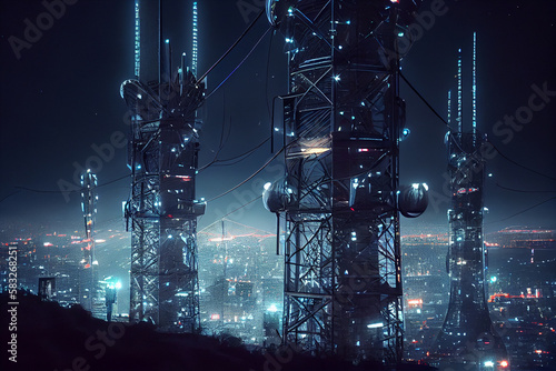 5G technology concept in the city of the future. Beautiful aerial panorama of modern skyscrapers, streets and traffic all in glittering lights on the night.