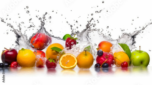 Fresh fruits splashing in water on white background  generative ai 