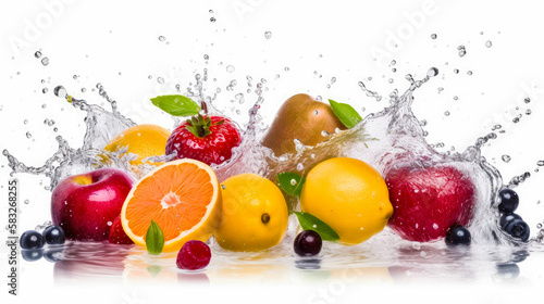 Fresh fruits splashing in water on white background  generative ai 