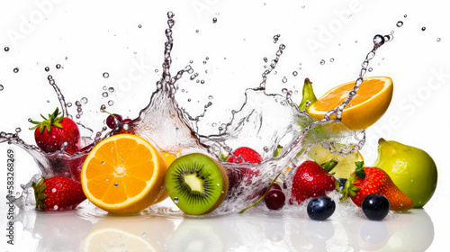 Fresh fruits splashing in water on white background  generative ai 