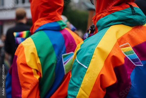 two guys at a pride festival wearing matching rainbow coloured raincoats, Created using generative AI tools.