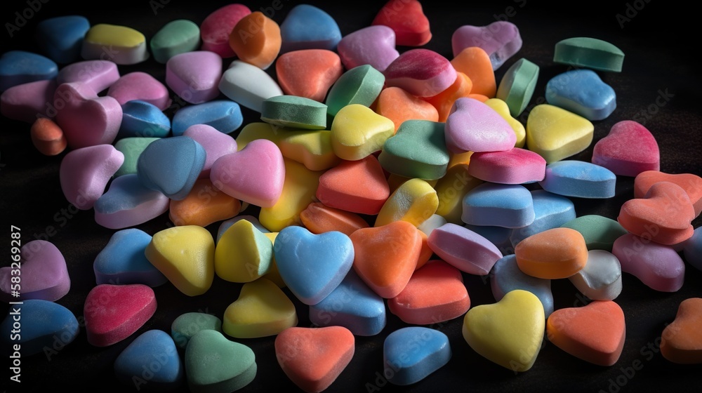 Candy hearts in various colors, a lot of colorful heart shape pills in pastel colors, generative AI Candy hearts in various colors, a lot of colorful heart shape pills in pastel colors, generative AI