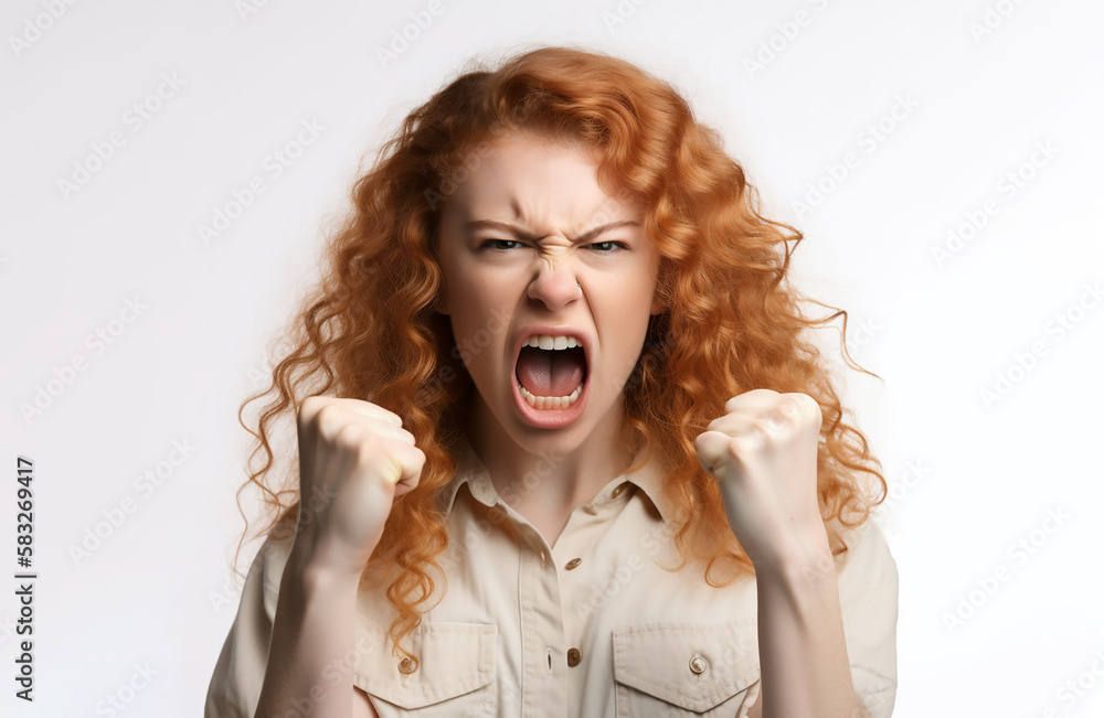 Angry woman screaming with rage, furious and dangerous, copy space