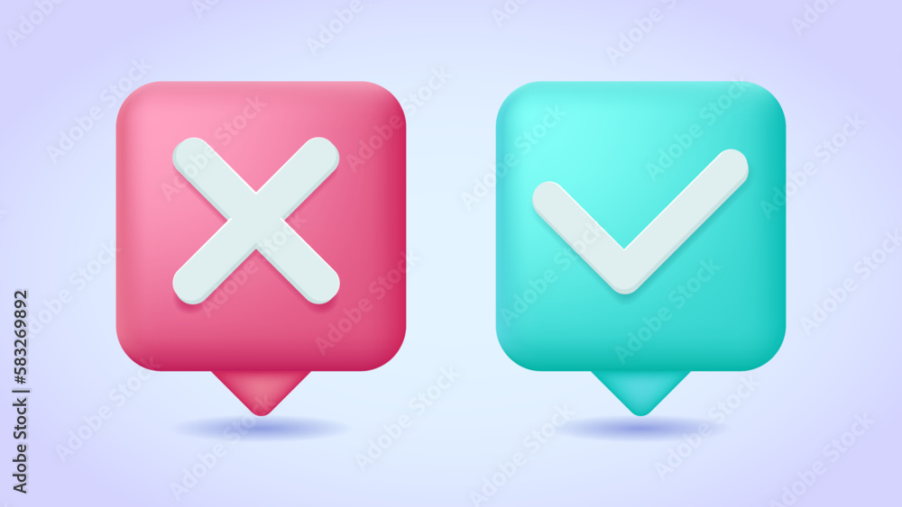 Red and green message bubble with cross and tick marks. Accept, decline icons, access denied and allowed, verification concept. 3d vector icon set for web site, banner, landing page, print. Red and green message bubble with cross and tick marks. Accept, decline icons, access denied and allowed, verification concept. 3d vector icon set for web site, banner, landing page, print.