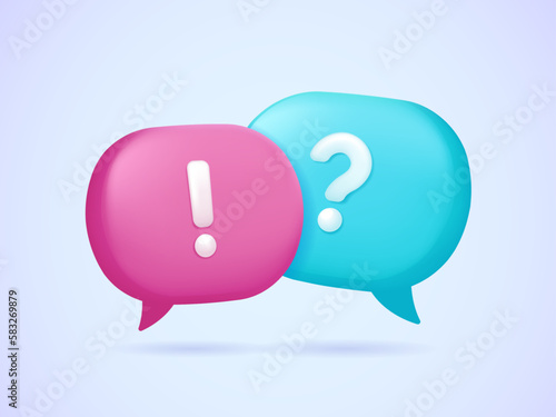 Pink and blue message bubble with question and exclamation marks. Frequently asked questions, faq, support, questions and answers concept. 3d vector icon set for web site, banner, landing page.