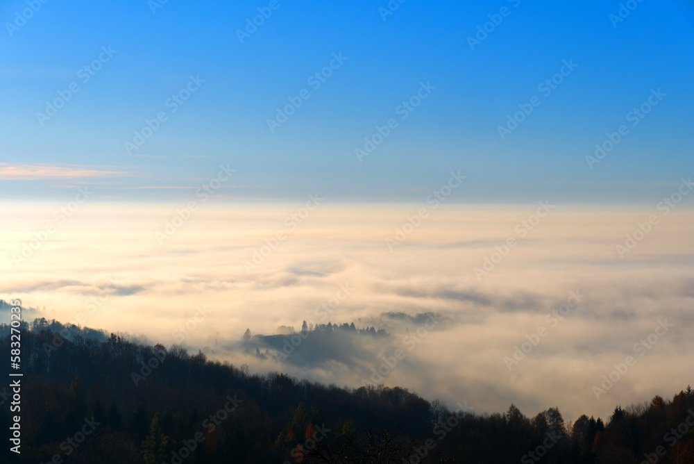 Morning fog in the countryside. Beautiful landscape view over the forest. Morning fog in the countryside. Beautiful landscape view over the forest.