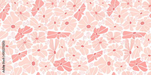 Seamless pattern with groovy daisy flowers. Floral horizontal transparent background. Vector Illustration. Aesthetic modern art hand drawn for wallpaper, design, textile, packaging, decor.