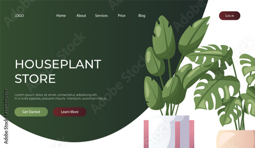 Landing page with monstera houseplants with palm leaves in pot.Indoor house plant. Home garden, greenhouse, florarium, gardening, potted plant lover. Domestic store poster, banner, cover, card. Vector