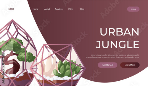 Landing page with florarium with bonsai houseplant in glasshouse. Indoor house plant. Home garden, greenhouse, gardening, potted plant lover. Domestic store poster, banner, cover, card. Vector