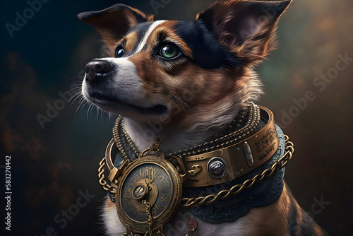 dog with a steampunk watch lanyard around his neck
