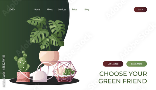 Landing page with collection of houseplants with water can. Indoor house plant. Home garden, greenhouse, florarium, gardening, potted plant lover. Domestic store poster, banner, cover, card. Vector