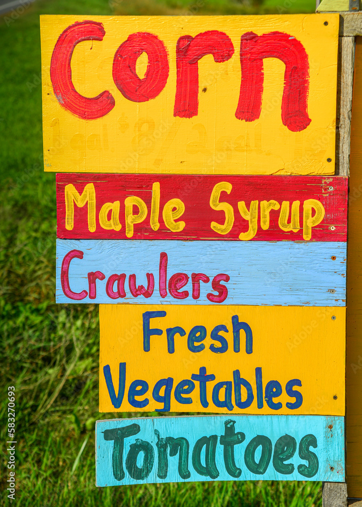 Colorful farmstand sign on a sunny summer day with green grass is the background