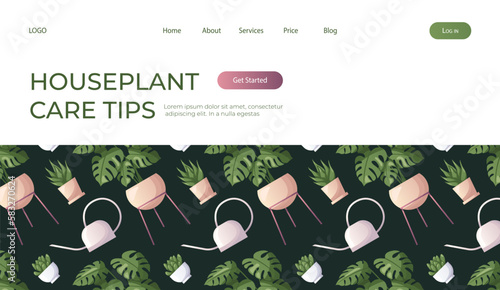 Landing page with pattern of houseplants with water can. Indoor house plant. Home garden, greenhouse, florarium, gardening, potted plant lover. Domestic store poster, banner, cover, card. Vector