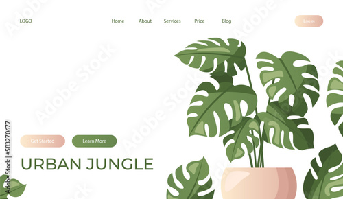 Landing page with monstera houseplant with palm leaves in pot. Indoor house plant. Home garden, greenhouse, florarium, gardening, potted plant lover. Domestic store poster, banner, cover, card. Vector