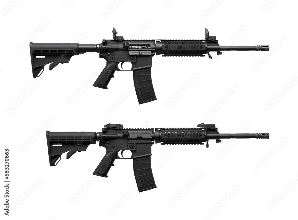 Modern automatic rifle isolated on white. Weapons for police, special forces and the army. Automatic carbine with mechanical sights. Modern automatic rifle isolated on white. Weapons for police, special forces and the army. Automatic carbine with mechanical sights.
