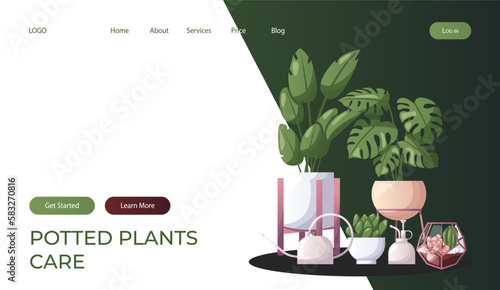 Landing page with collection of houseplants with water can. Indoor house plant. Home garden, greenhouse, florarium, gardening, potted plant lover. Domestic store poster, banner, cover, card. Vector