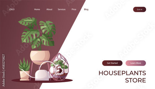 Landing page with collection of houseplants with water can. Indoor house plant. Home garden, greenhouse, florarium, gardening, potted plant lover. Domestic store poster, banner, cover, card. Vector