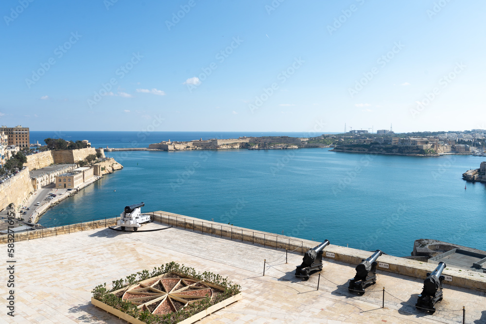 Saluting battery in Valetta. Salute guns in Grand Harbour from Upper Barrakka Gardens, Valletta Malta