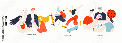 Lifestyle series - modern flat vector illustration of Corporate party, Skating, Board games with friends. People activities methapors and hobbies concept