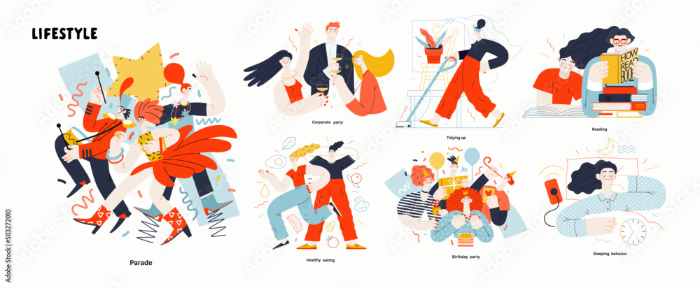 Lifestyle series set - modern flat vector illustrations of people living their lives and engaging in a hobby. People society activities methapors and hobbies concept