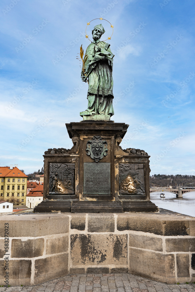 Statue of St. John of Nepomuk on Charles Bridge, Prague, Czech Republic.