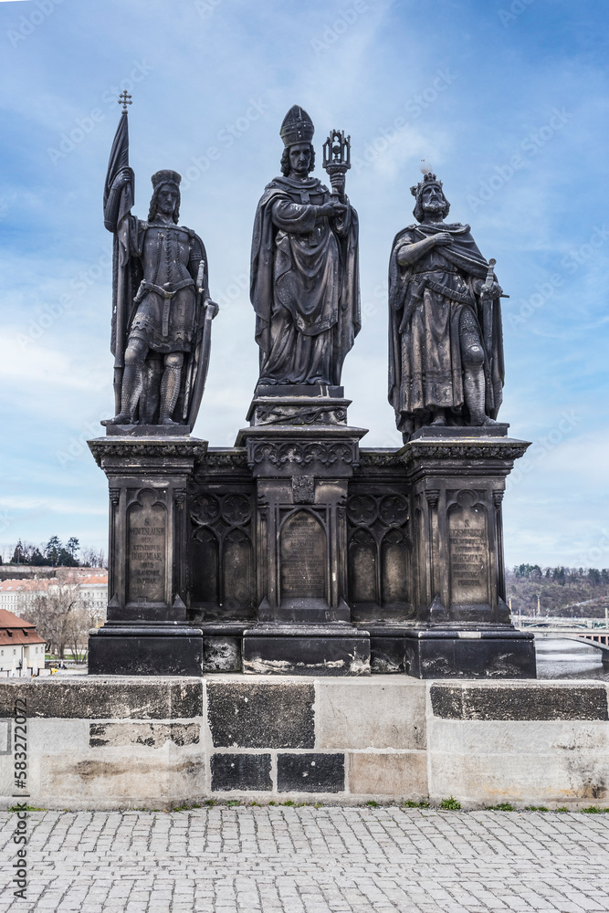 Statue of Saints Norbert of Xanten, Wenceslao and Sigismund on Charles Bridge, Prague, Czech Republic.