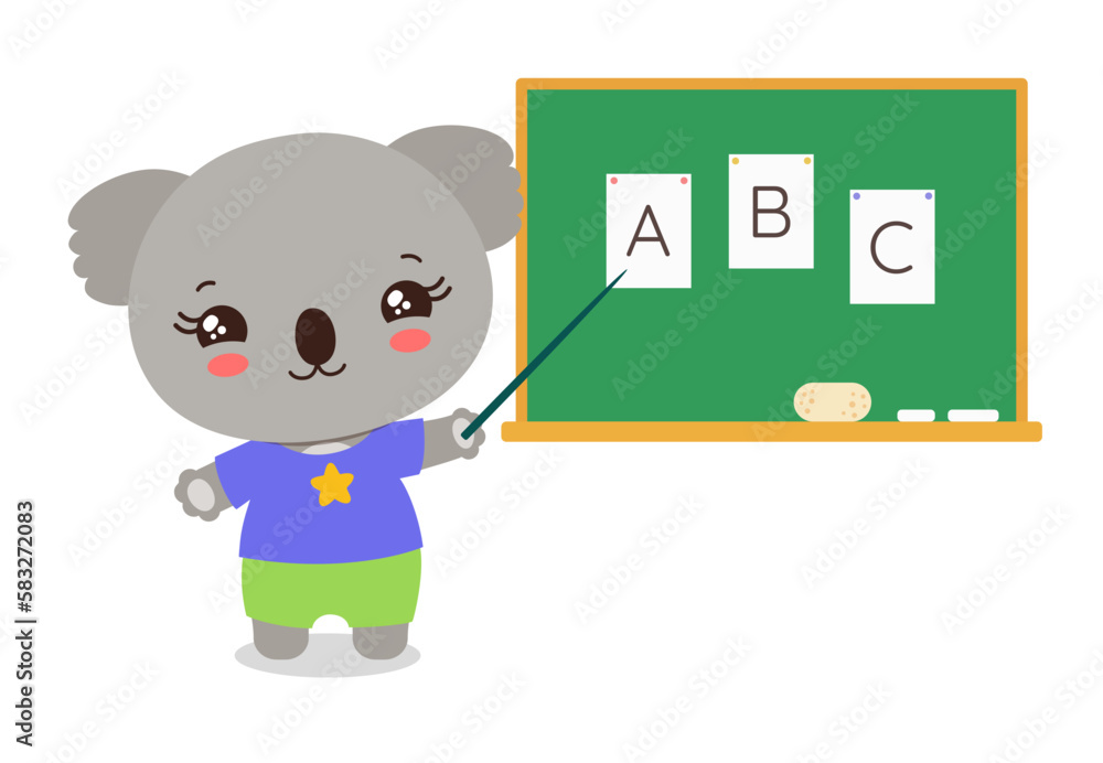 School student koala standing next to chalkboard with pointer. Abc learning. Cartoon koala bear