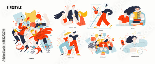 Lifestyle series set - modern flat vector illustrations of people living their lives and engaging in a hobby. People society activities methapors and hobbies concept