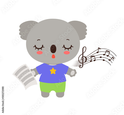 Singing animal cute koala cartoon character. Kawaii koala bear cub animal student. Musical class logo or mascot. Music notes song learning. Music lesson elementary school subject.