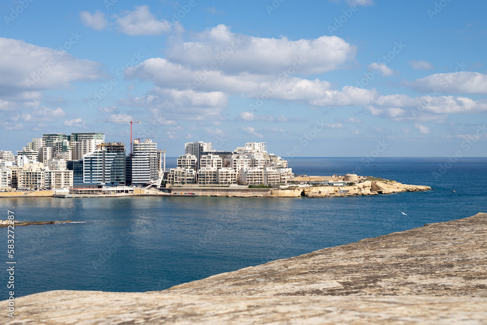 View on Sliema, Malta from Valetta. Modern buildings on Sliema