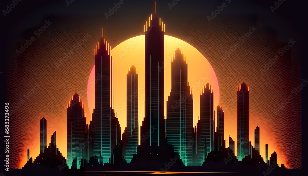 Synthwave retro cityscape . Creative illustration. (Ai Generate)