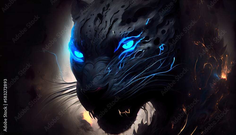 Black Panther with Glowing Blue Eyes on Dark Background Stock