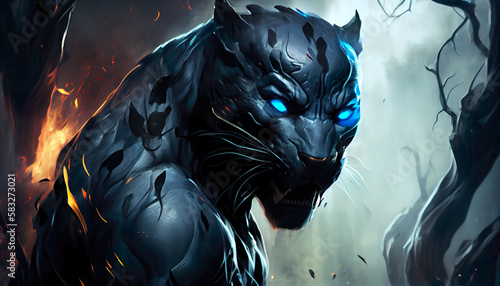 Black Panther with Glowing Blue Eyes on Dark Background