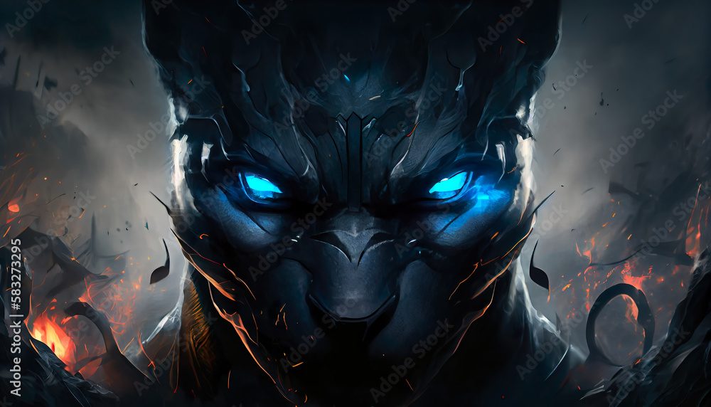Black Panther with Glowing Blue Eyes on Dark Background Stock