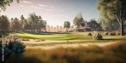 Golfplatz Internationale Golflandschaft Golfkurs im Frühjahr Abstrakte Illustration Wandbild Hintergrund Generative AI Digital Art Hintergrund