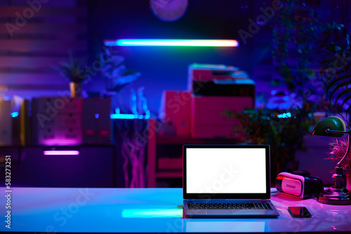 Φωτογραφία modern office with desk, laptop blank screen and vr headset