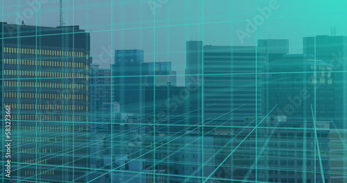 Image of 3d grid moving over buildings in modern cityscape