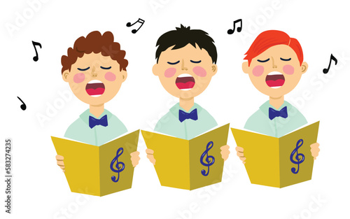 Illustration for children. Three funny boys sing a song in chorus. Notes and treble clef. Cartoon style.