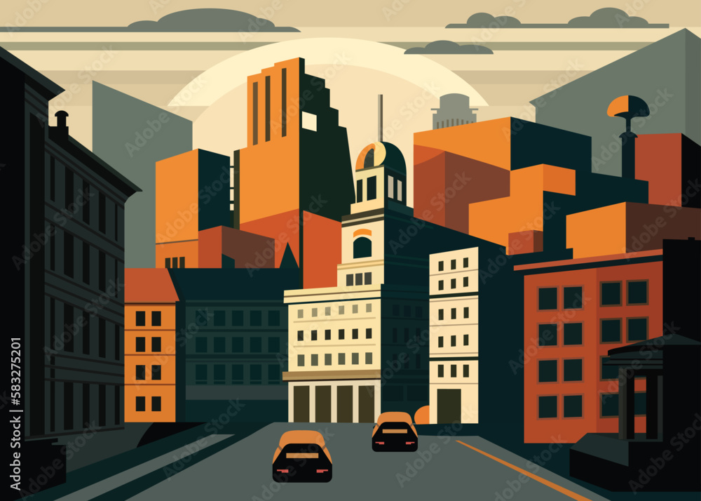 Abstract vector cityscape with sunset, sunrise