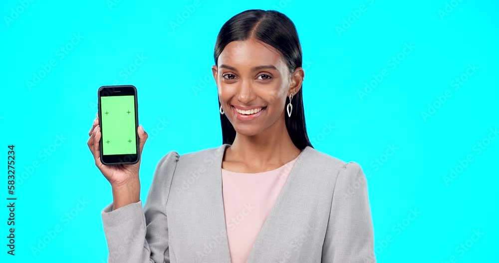 Chroma key, green screen and portrait of businesswoman with phone for product placement, branding and mobile app advertising. Smile, happy and professional female isolated in a studio blue background Chroma key, green screen and portrait of businesswoman with phone for product placement, branding and mobile app advertising. Smile, happy and professional female isolated in a studio blue background