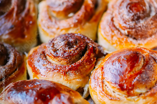 Homemade sweet fresh cinnamon rolls close up. 