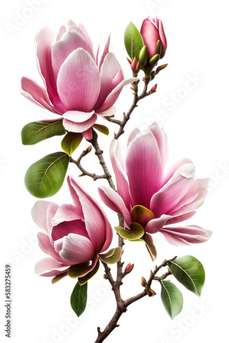 Pink magnolia blossoms with green leaves on white background. Spring flowers