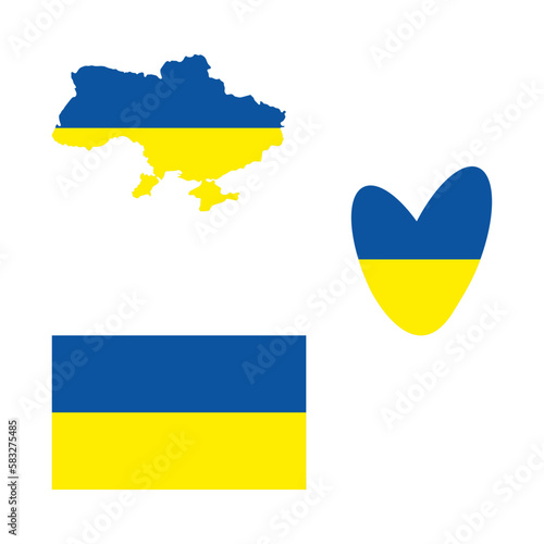 Ukraine. Ukraine flag. Flag of Ukraine. National symbol. Square and heart shape. Blue and yellow. War. Russian-Ukrainian war. Patriotism. Heart. Kyiv. Vector illustration