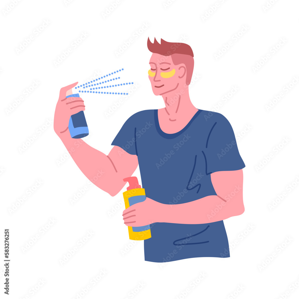 Vector young attractive man taking care of his skin using skin care products. Man doing skin care routine illustration. Male character using moisturizer spritzing on his face and hold a bottle Vector young attractive man taking care of his skin using skin care products. Man doing skin care routine illustration. Male character using moisturizer spritzing on his face and hold a bottle