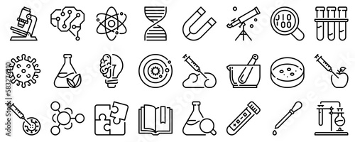 Line icons about science on transparent background with editable stroke.