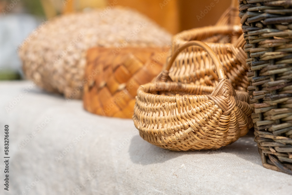 Wicker baskets made of wicker, handmade. Old craft.